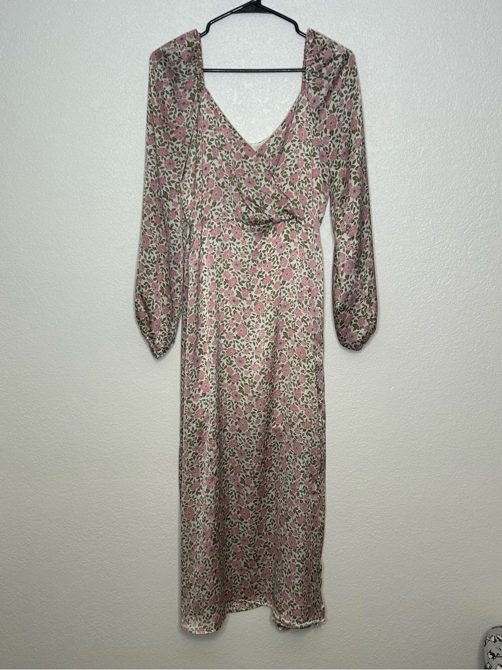 All in Favor Pink Floral Long Sleeve V-Neck Midi Dress